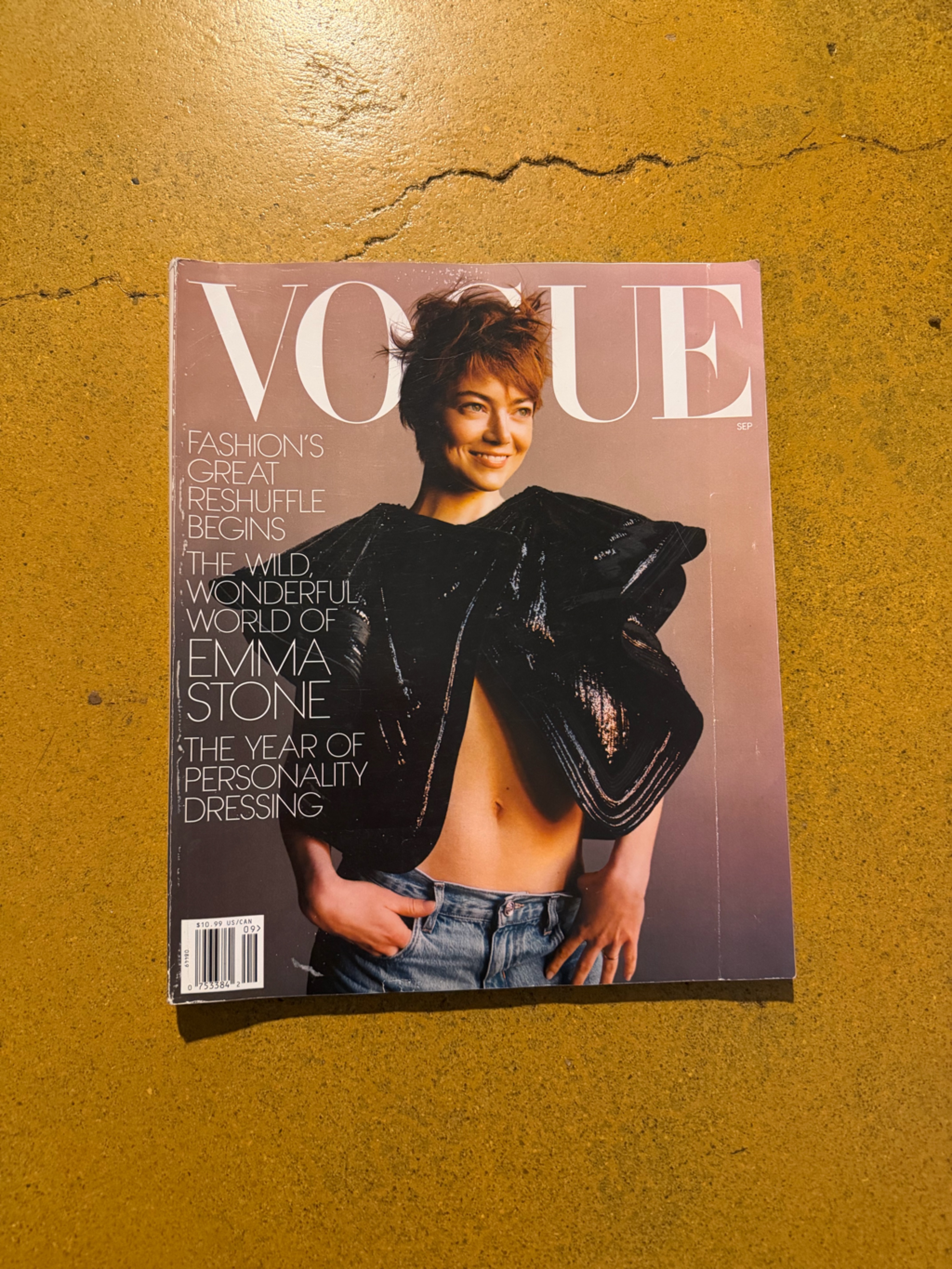 Vogue Magazine Emma Stone Cover  Black Jacket On Pink Background